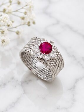 Red Swarovski Crystal Statement Ring Silver Tone Size 6-7